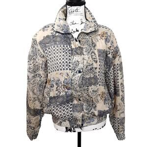 Vintage 80s 100% Silk Bomber Jacket Shoulder Pads Blue Windbreaker Women L Retro